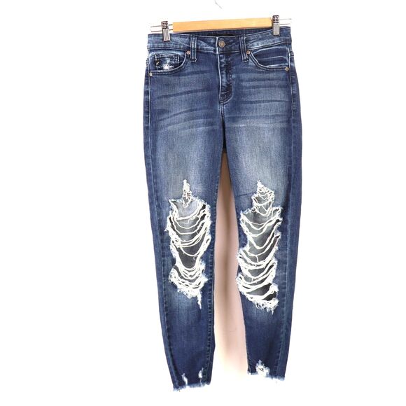 KanCan Dark Wash Heavily Distressed High Rise Ankle Skinny Raw Hem Jeans 26 - Picture 1 of 4